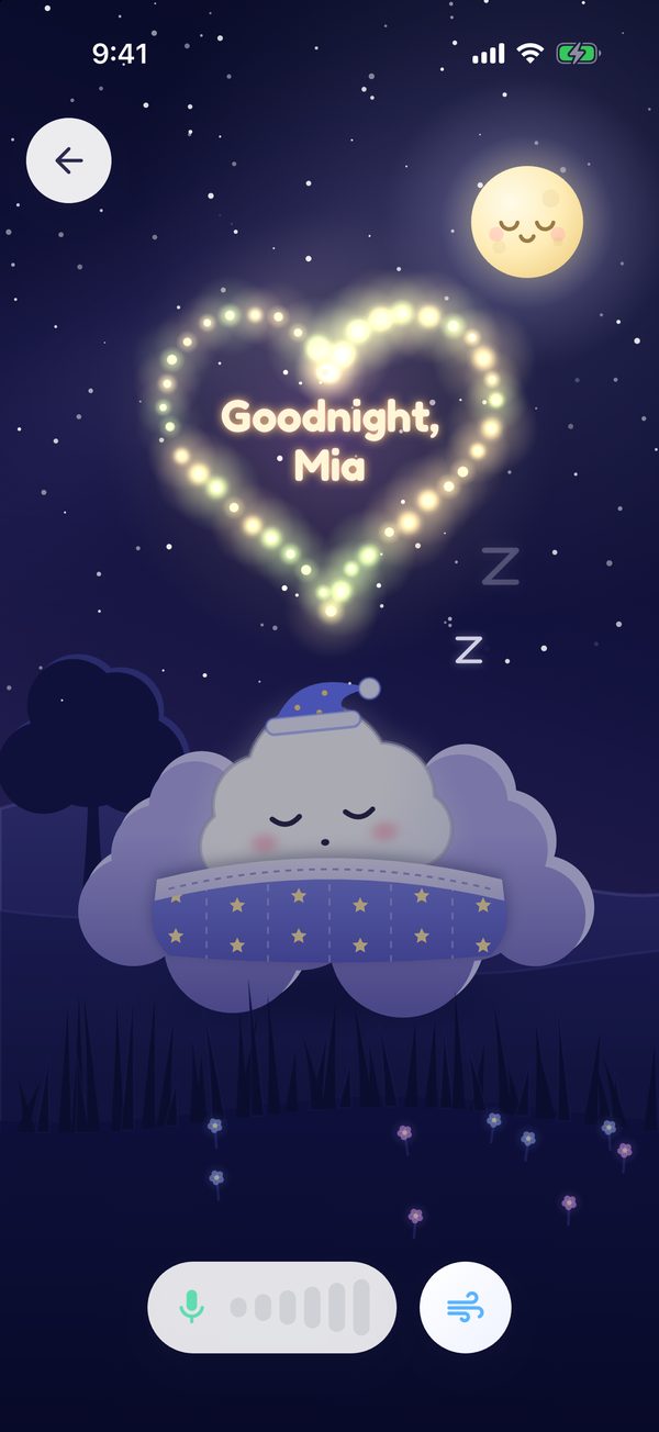 Fireflies forming a glowing heart that says Goodnight, Mia above sleeping Puff