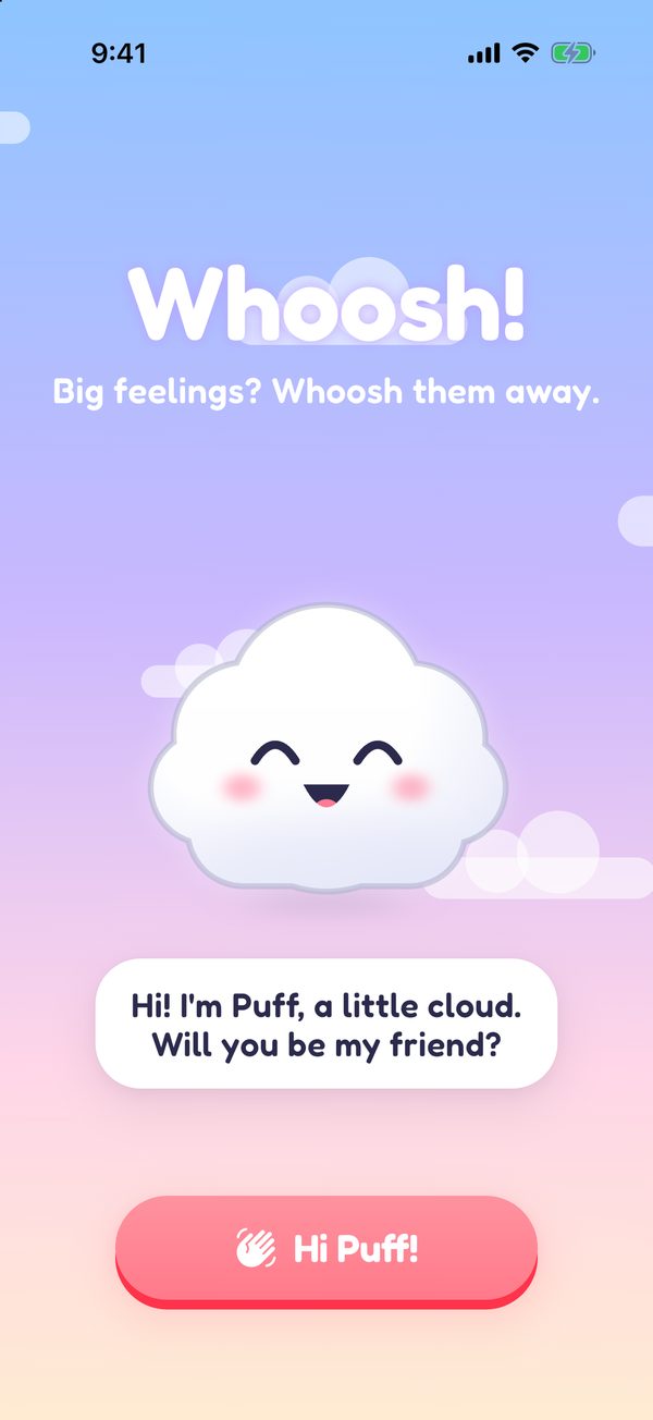 Whoosh! welcome screen where Puff the cloud says hello