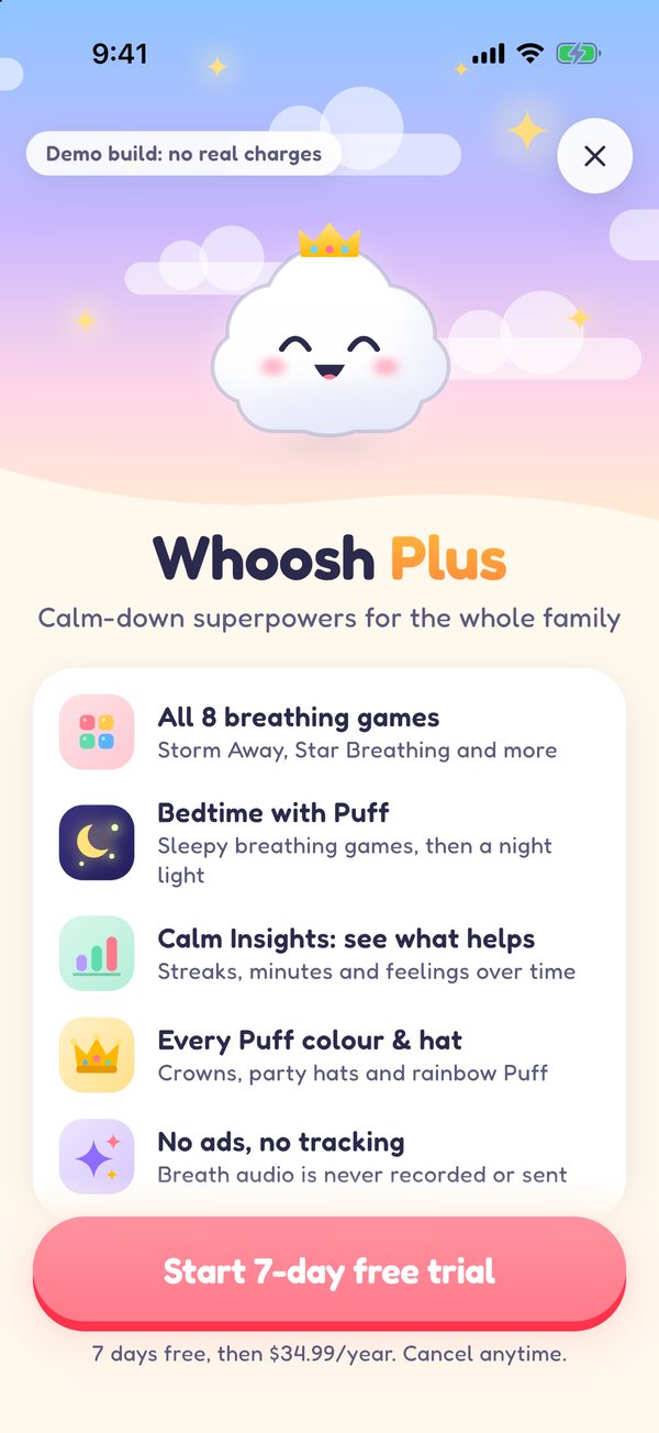 The Whoosh Plus screen showing the available plans